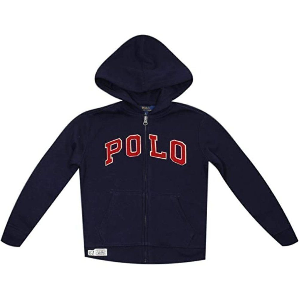 Ralph Lauren Polo Boy's Blue Red Logo Full Zip Hoodie Sweatshirts Size M…